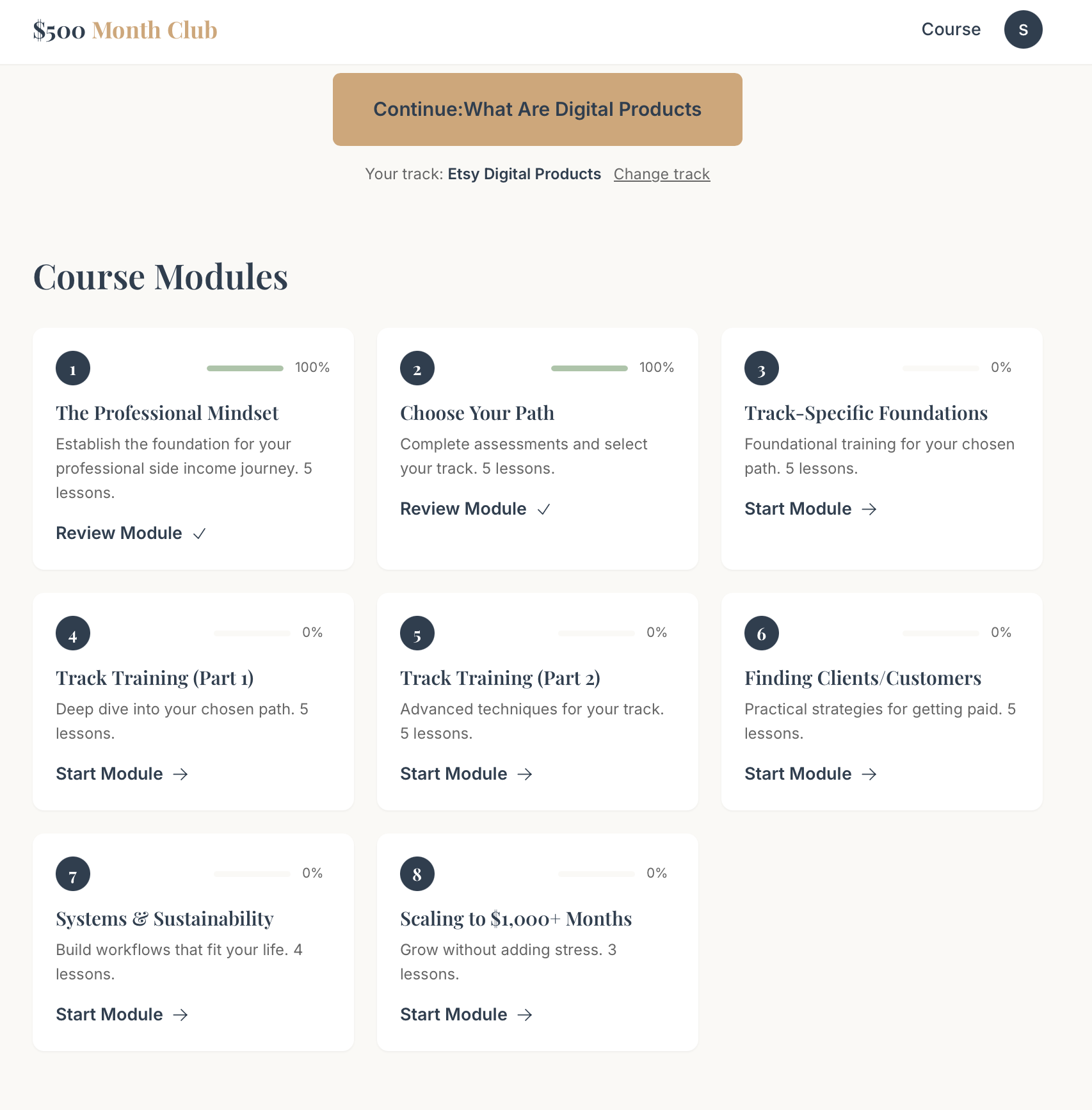 Inside the $500 Month Club course platform showing 8 modules with progress tracking